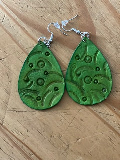 Leather Earrings-Green hand tooled