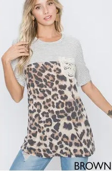 Leopard Print Tee with Lace pocket