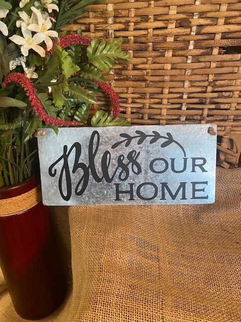 Bless Our Home metal sign-black lettering