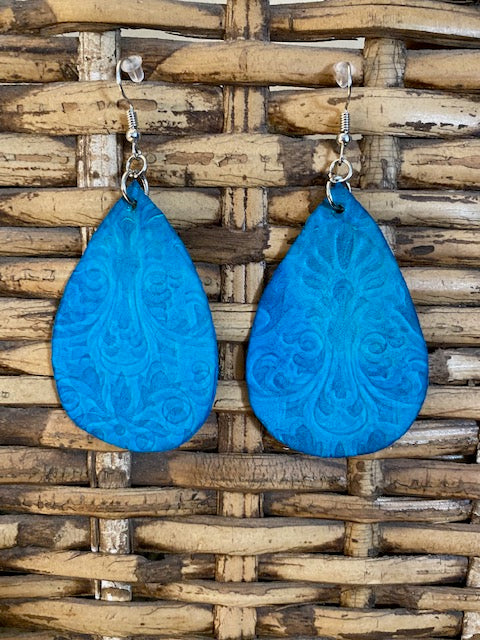 Leather Earrings-Blue embossed