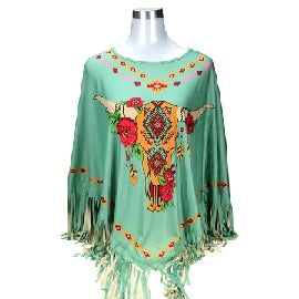 Steer Skull Collection Poncho - Turquoise